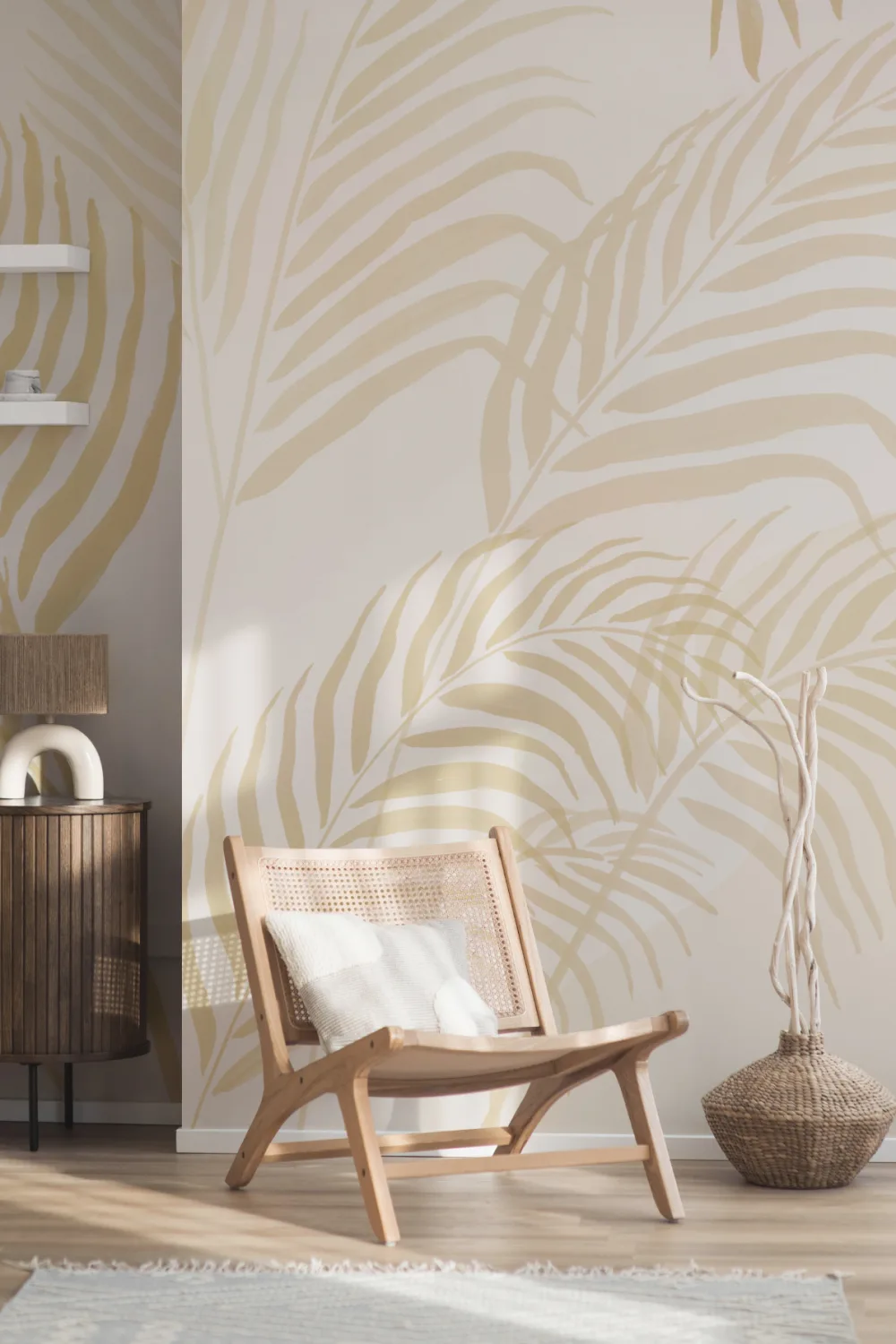 Papier peint panoramique Tropical jaune feuilles de palmier encrées