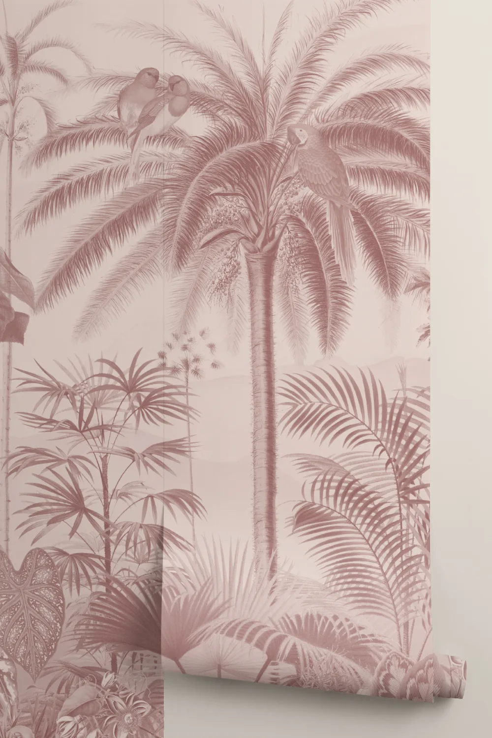 Carta da parati rosa illustrata in stile botanico tropicale