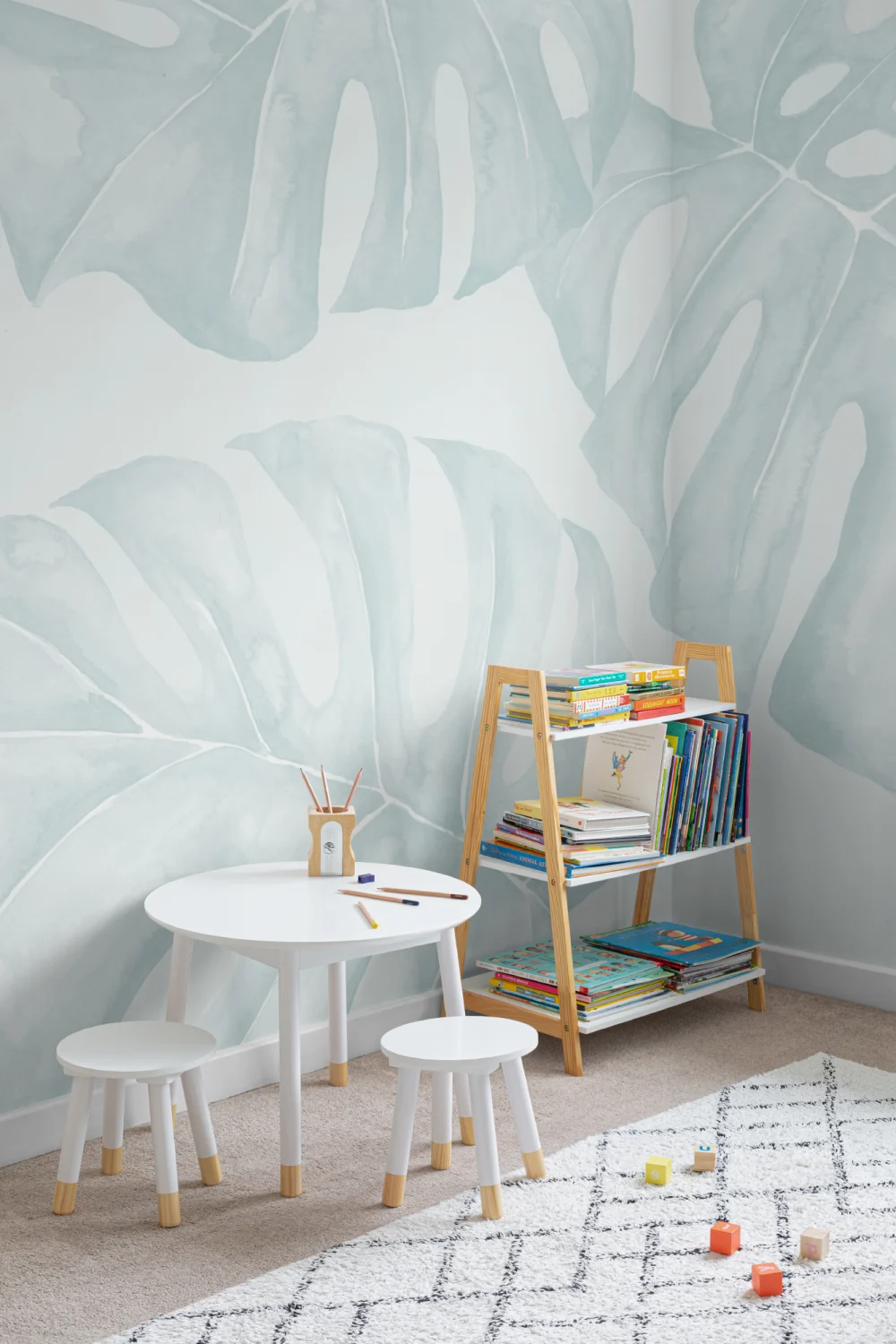 Blue Watercolor Monstera Leaf Mural