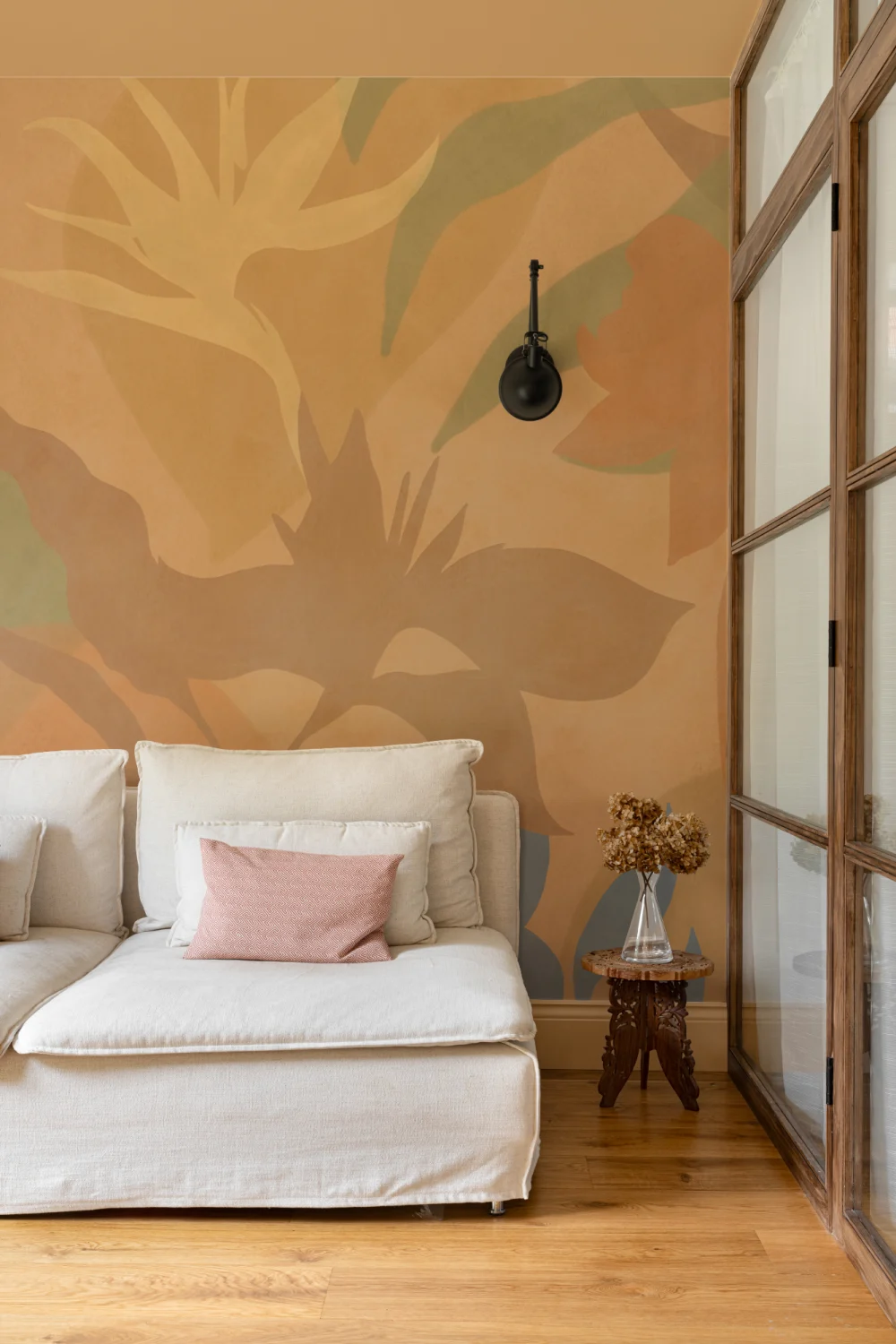 Papier peint panoramique de feuillage tropical abstrait orange
