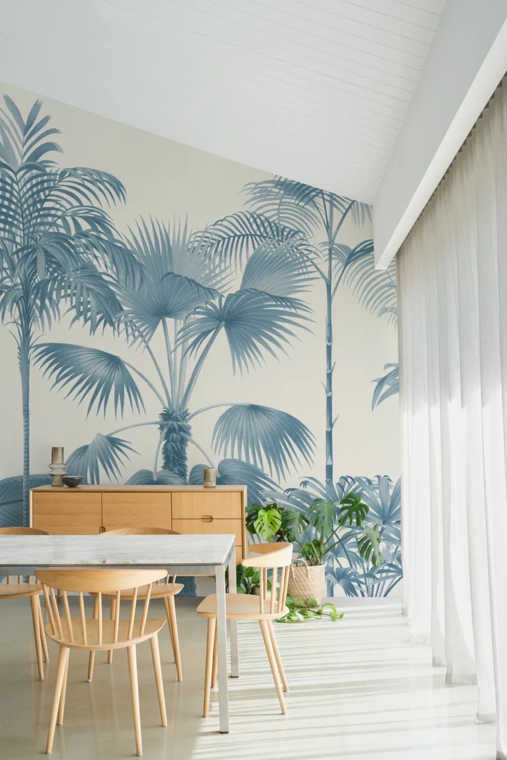 Papier peint panoramique palmier tropical vintage bleu
