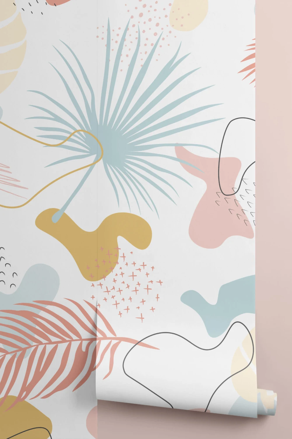 Modern Pastel Tropisch Blad Collage Patroon Behang Muurschildering