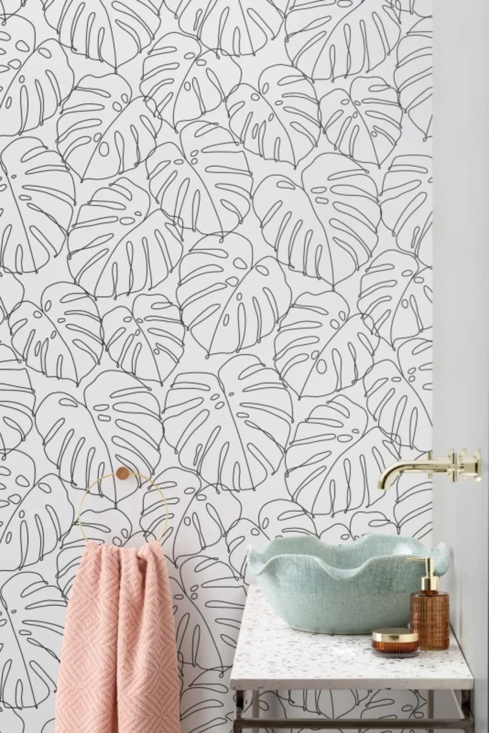 Black & White Minimal Monstera Leaf Repeat Pattern Wallpaper