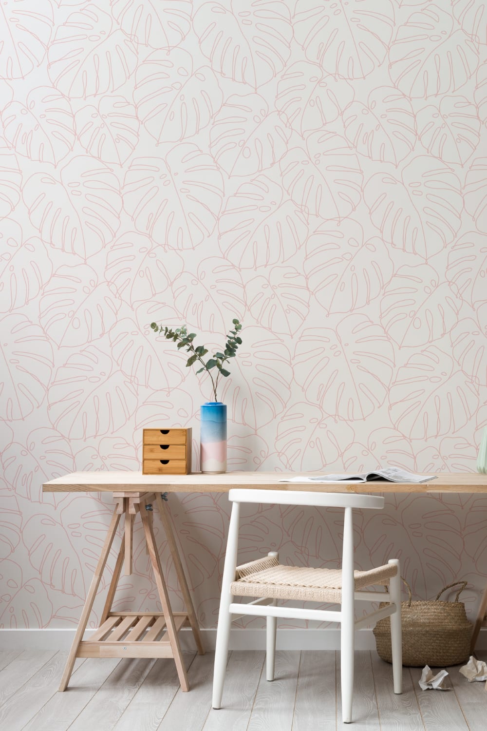 Pink Monstera Leaf Line Drawing Repeat Pattern Wallpaper