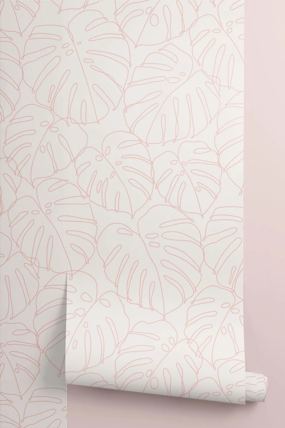 Pink Monstera Leaf Line Drawing Repeat Pattern Wallpaper