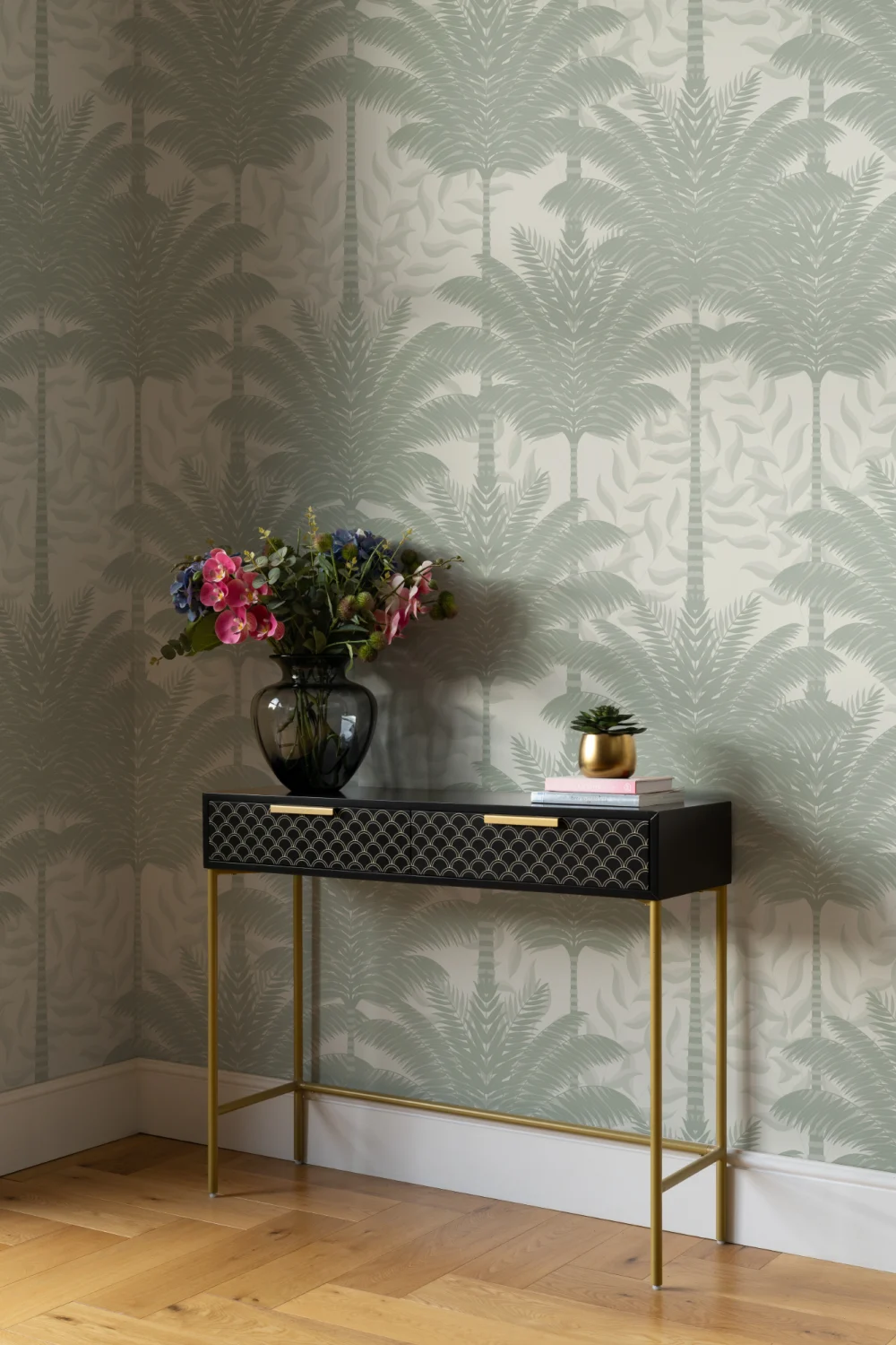 Grøn art deco palmer tapet vægmaleri