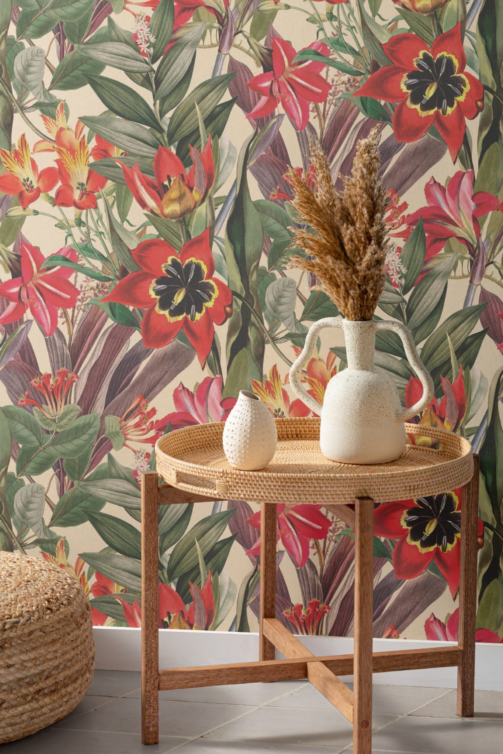 Papier peint feuillage tropical vintage sur fond beige