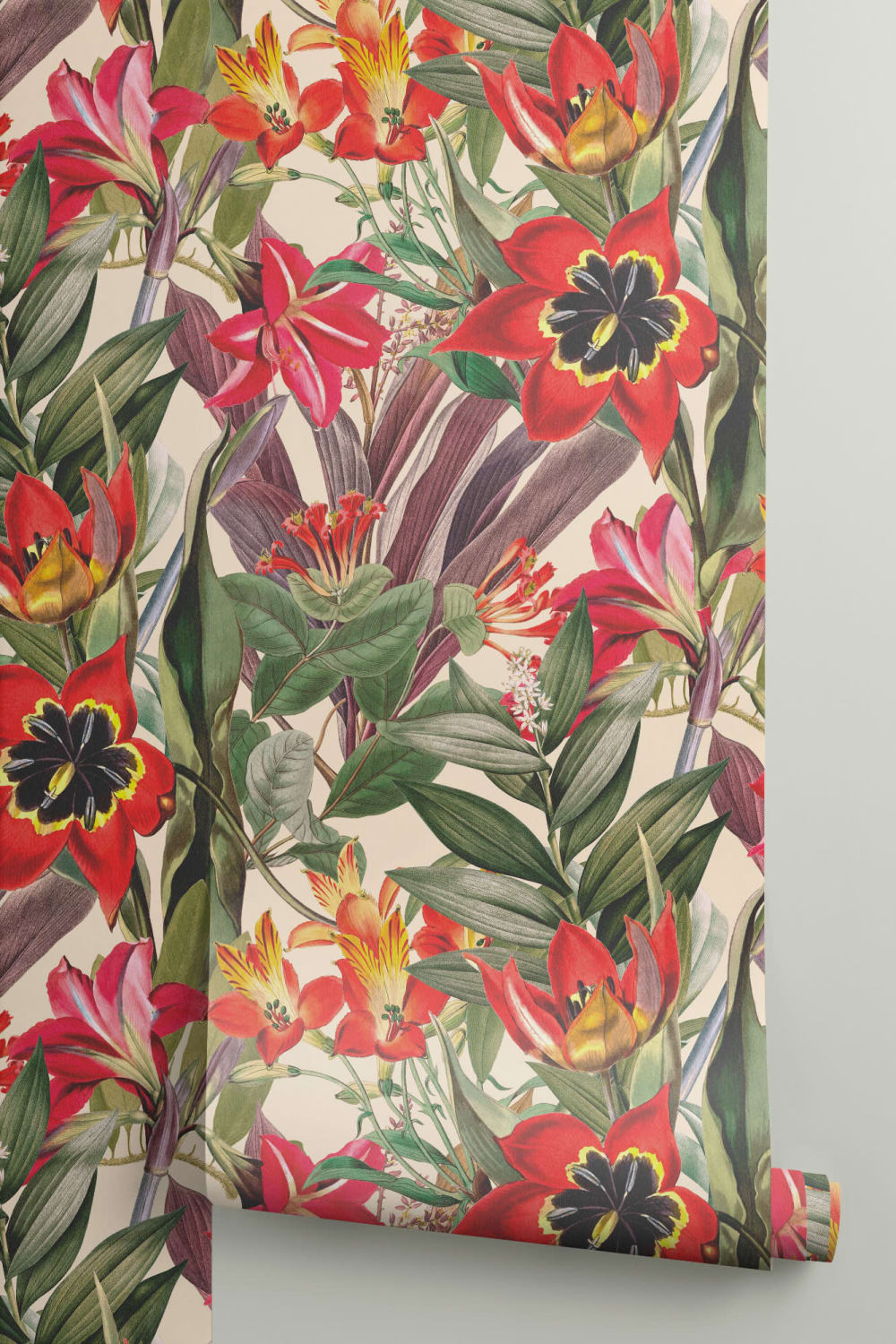 Papier peint feuillage tropical vintage sur fond beige