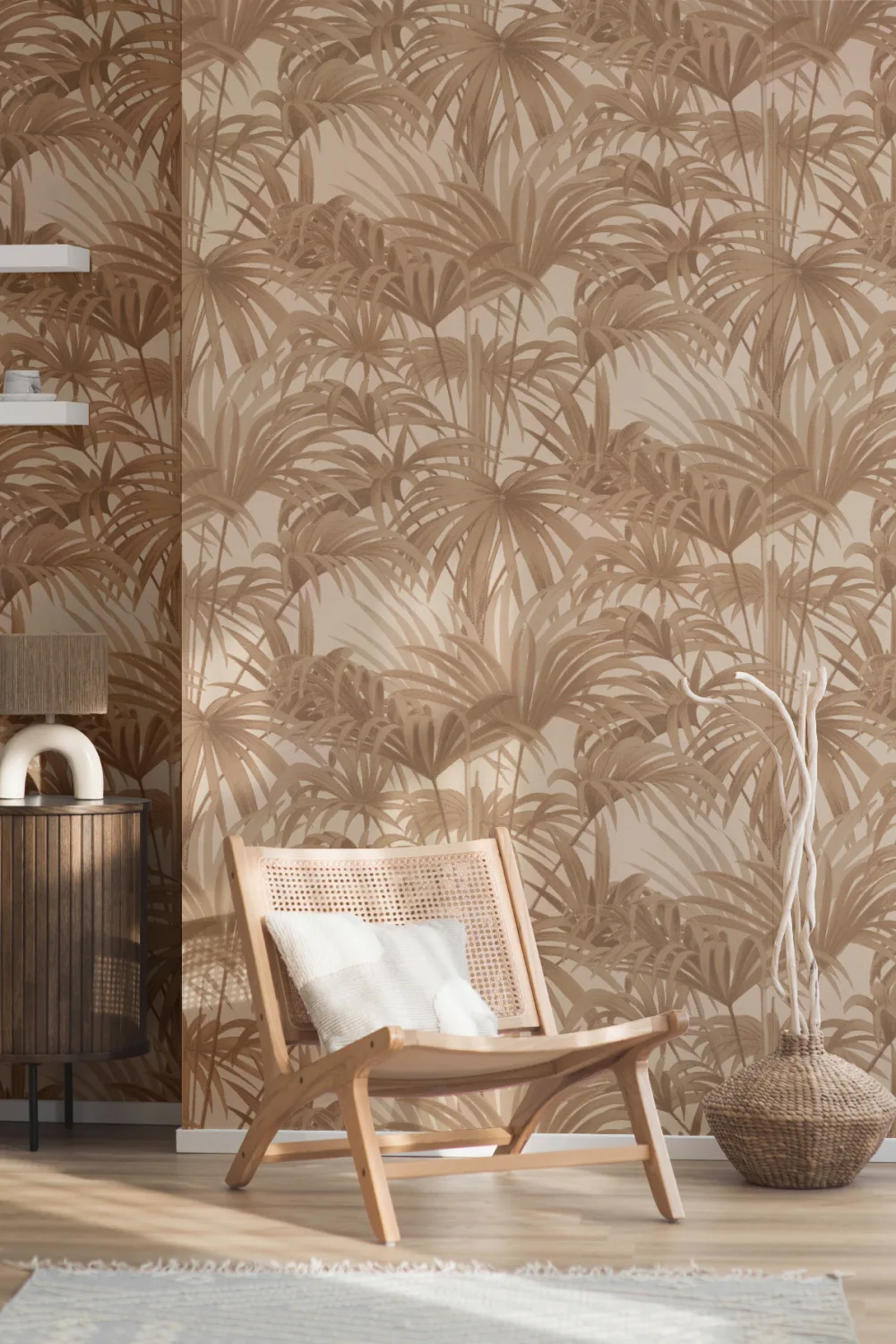Tapet botanic Bower Brown Vintage Palm în tonuri calde de pământ