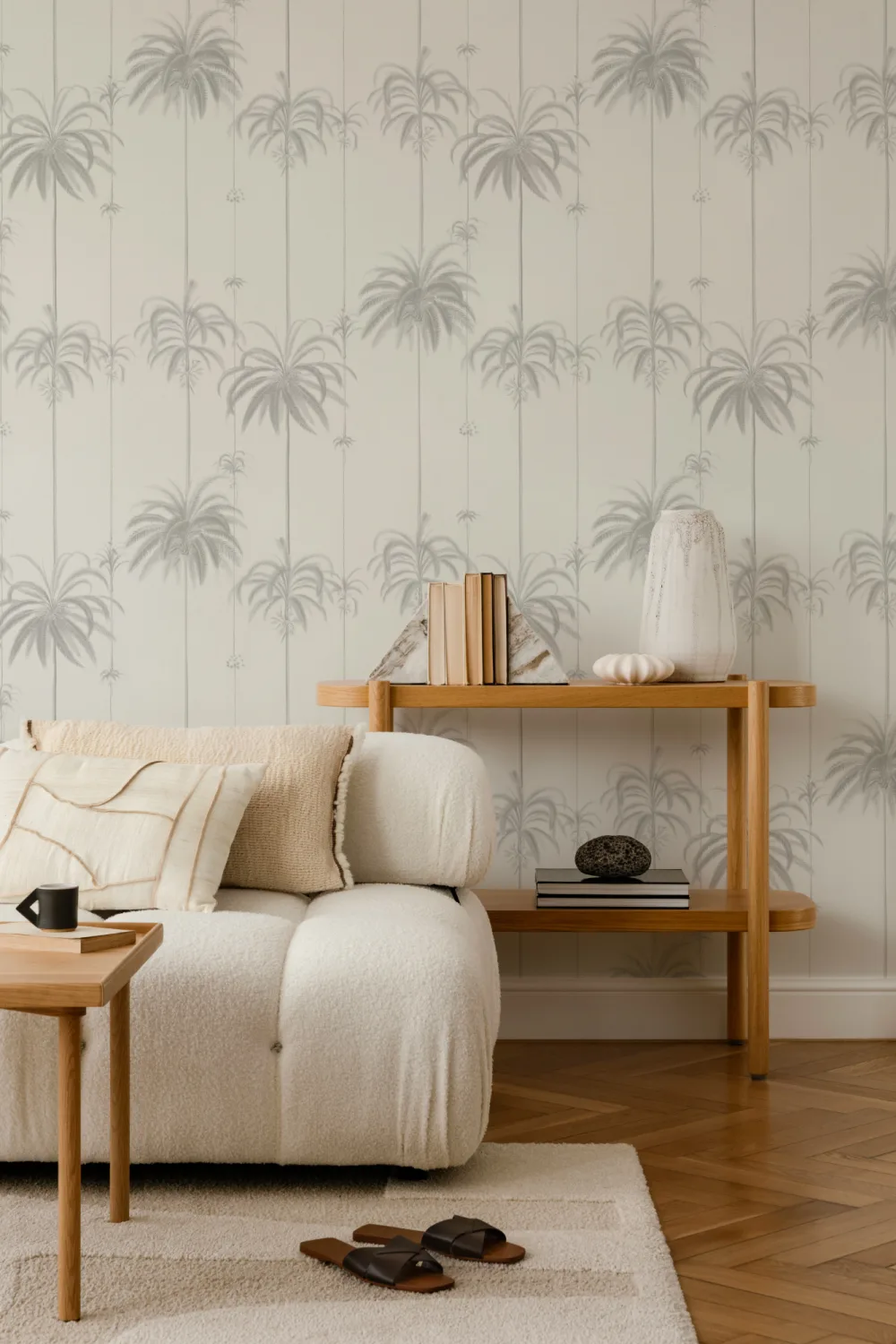 Beige stribet tapet med tropiske palmer