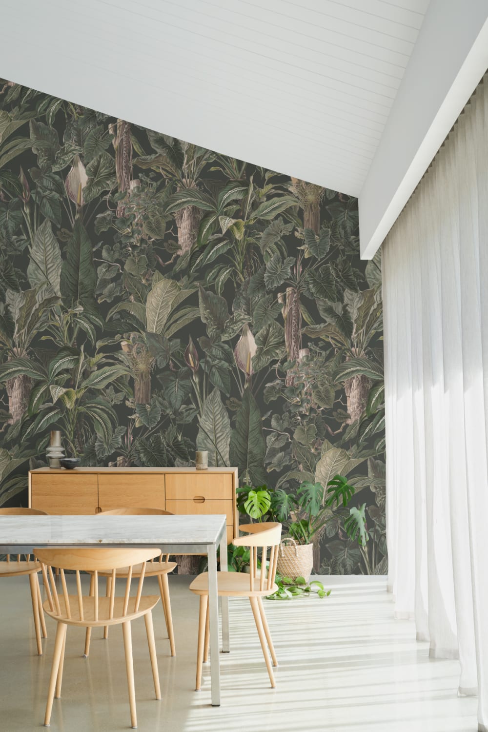 Papier peint panoramique vert tropical illustré Plantes à feuilles