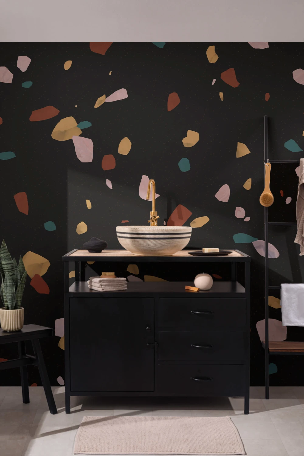 Black Marble Stone Terrazzo Print Wallpaper Mural