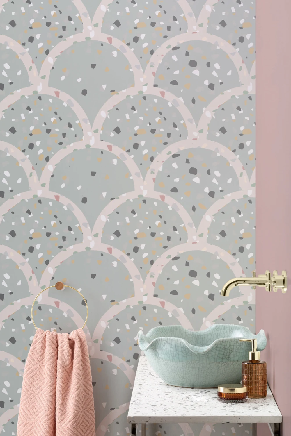 Sage Green Terrazzo Scallop Pattern Muurschildering