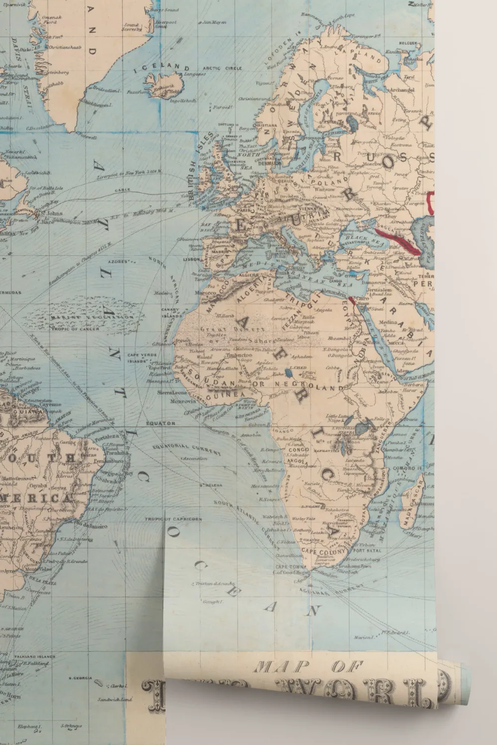 Mapa do Mundo Azul Vintage Papel de Parede Mural
