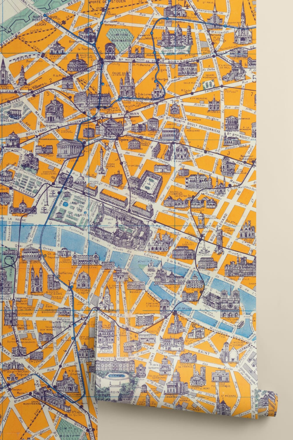 Vintage Parisian Streetmap Wallpaper Mural