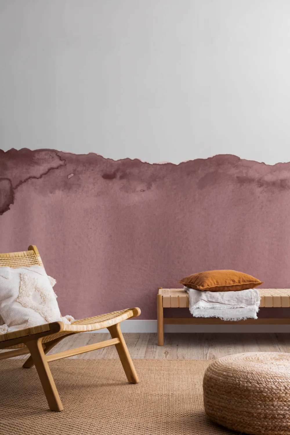 Carta da Parati Rosa Scuro in Stile Acquerello Astratto con Effetto Onda