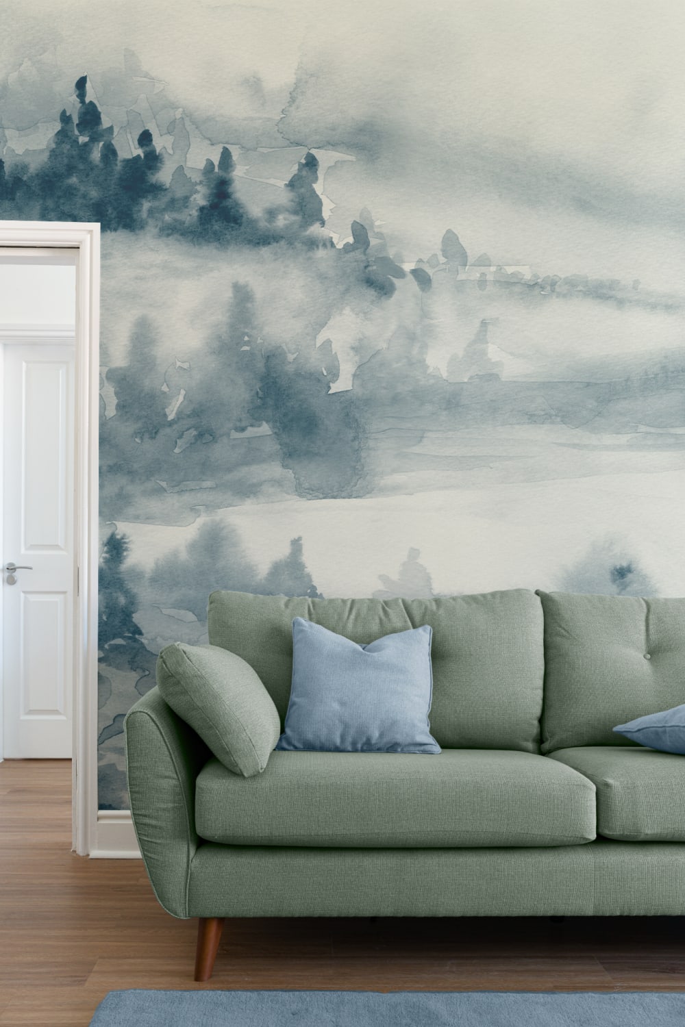 Niebieska akwarelowa fototapeta Forest Serenity Art