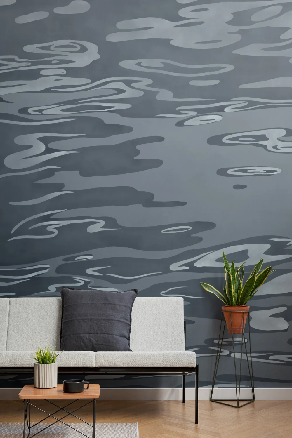 Navy Hand Painted Water Rippling Effect Mural