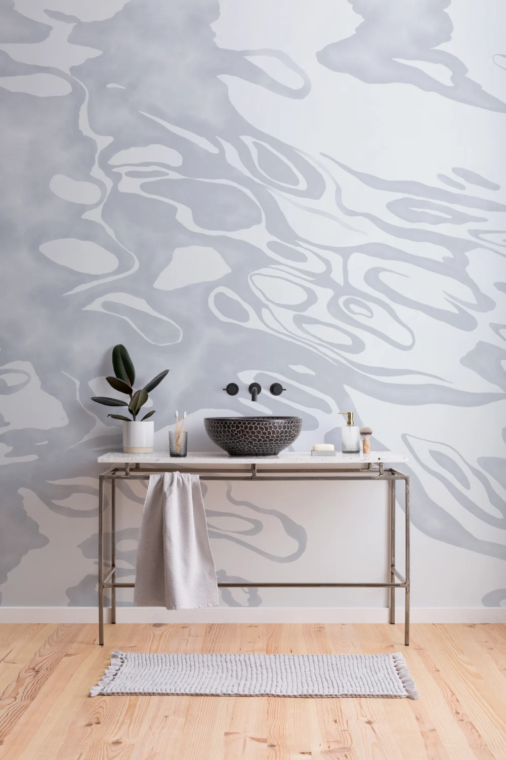 Gray Hand Painted Swirling Water Mural