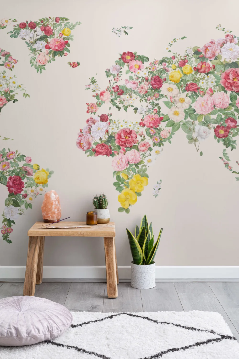 Colourful Abstract Vintage Flower World Map Wallpaper Mural