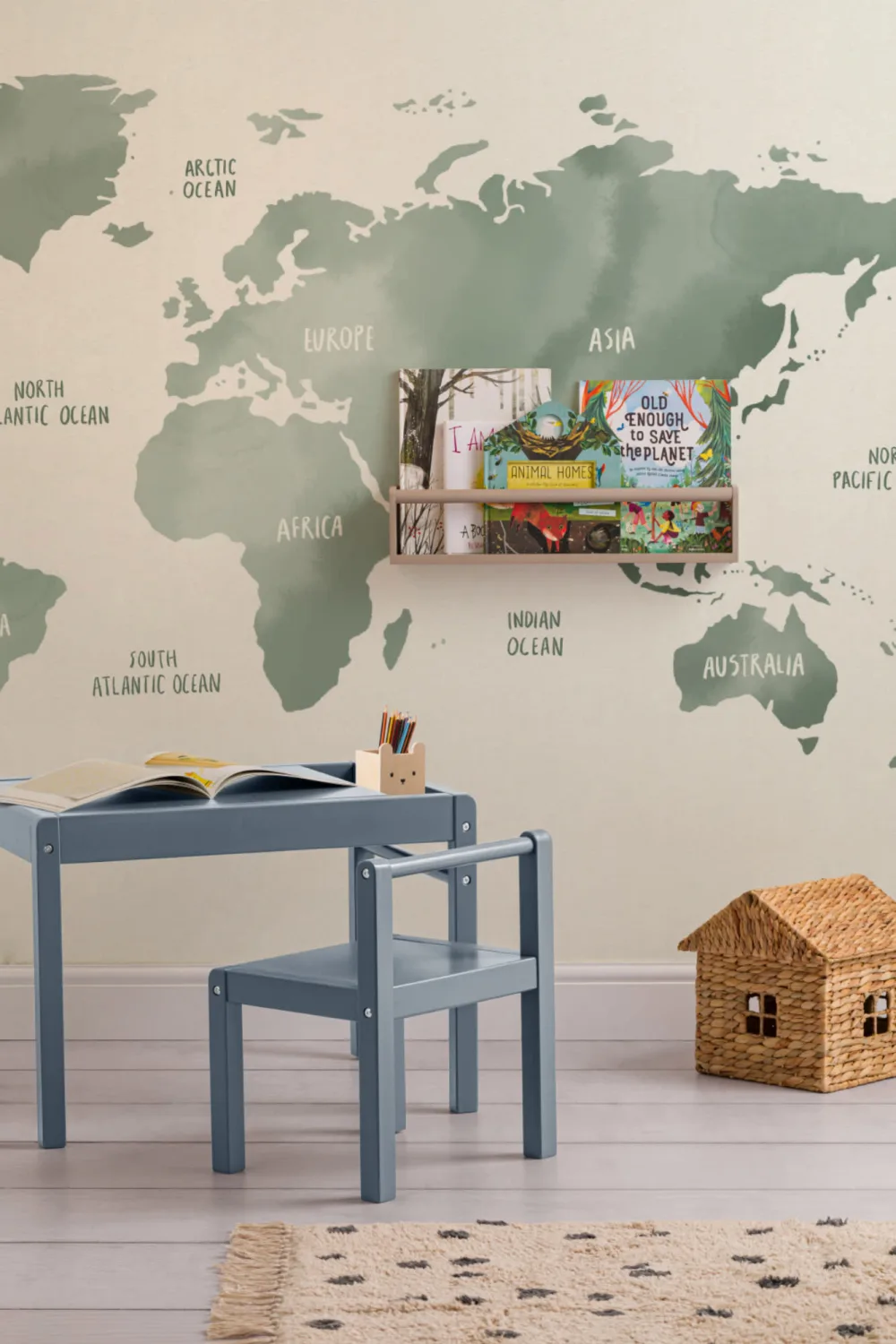 Sage Green & Neutral Watercolor World Map Wallpaper Mural
