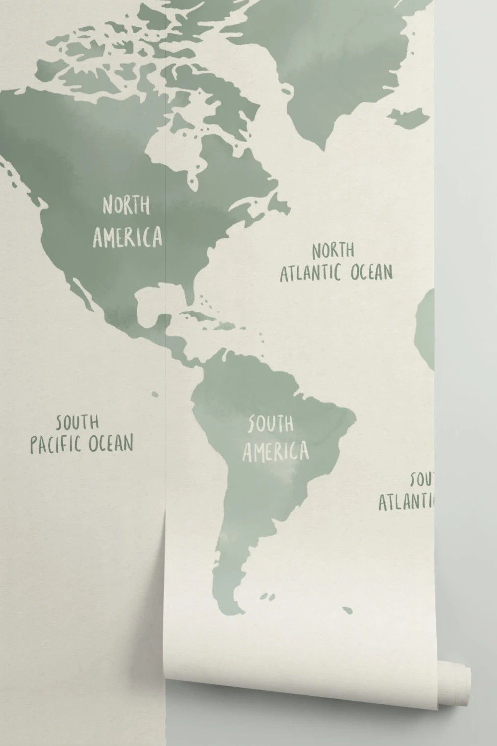 Sage Green & Neutral Watercolor World Map Wallpaper Mural