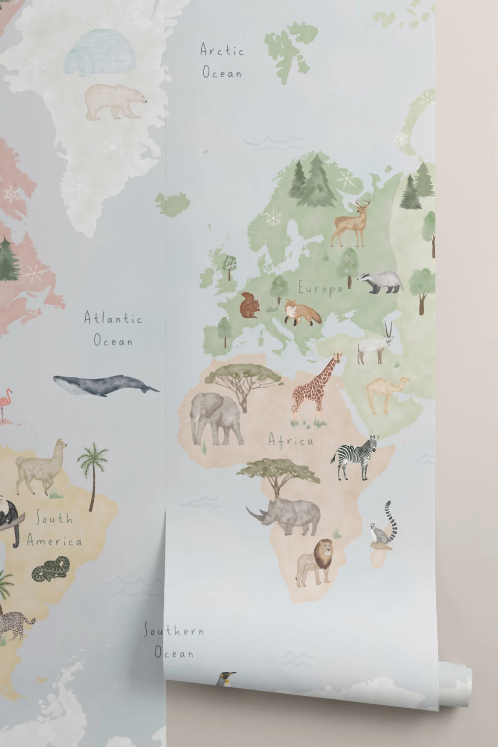 Kids kleurrijke dieren wereldkaart behang muurschildering