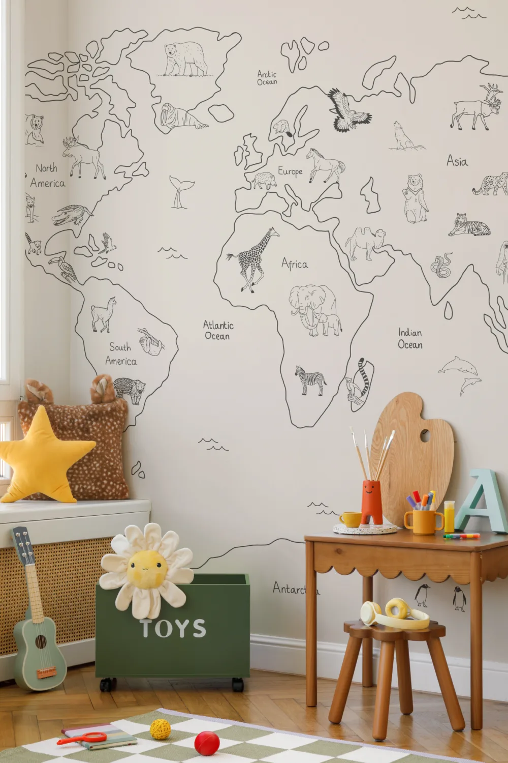 Kids Minimalist Neutral World Map Wallpaper Mural