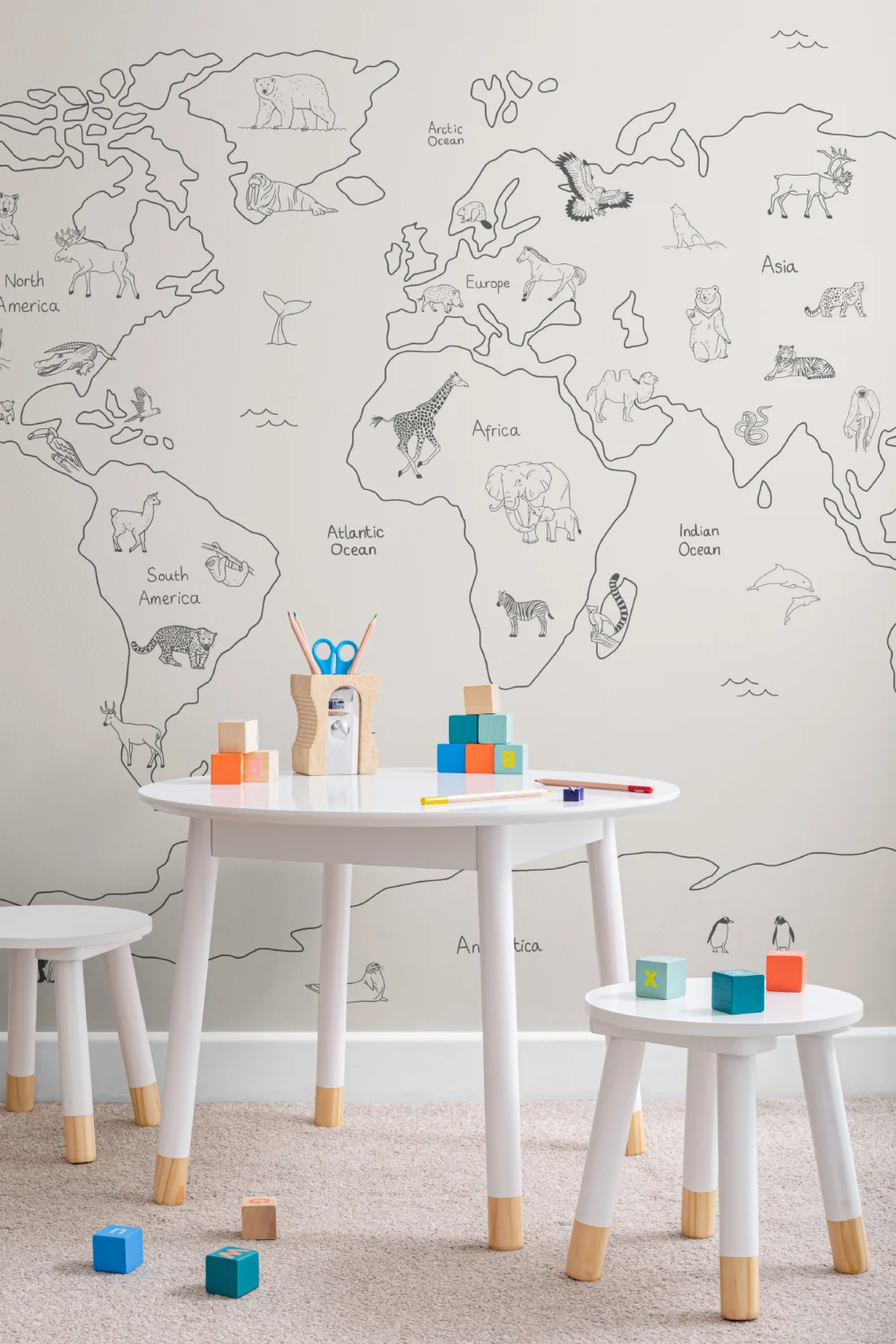 Kids Minimalist Neutral World Map Wallpaper Mural