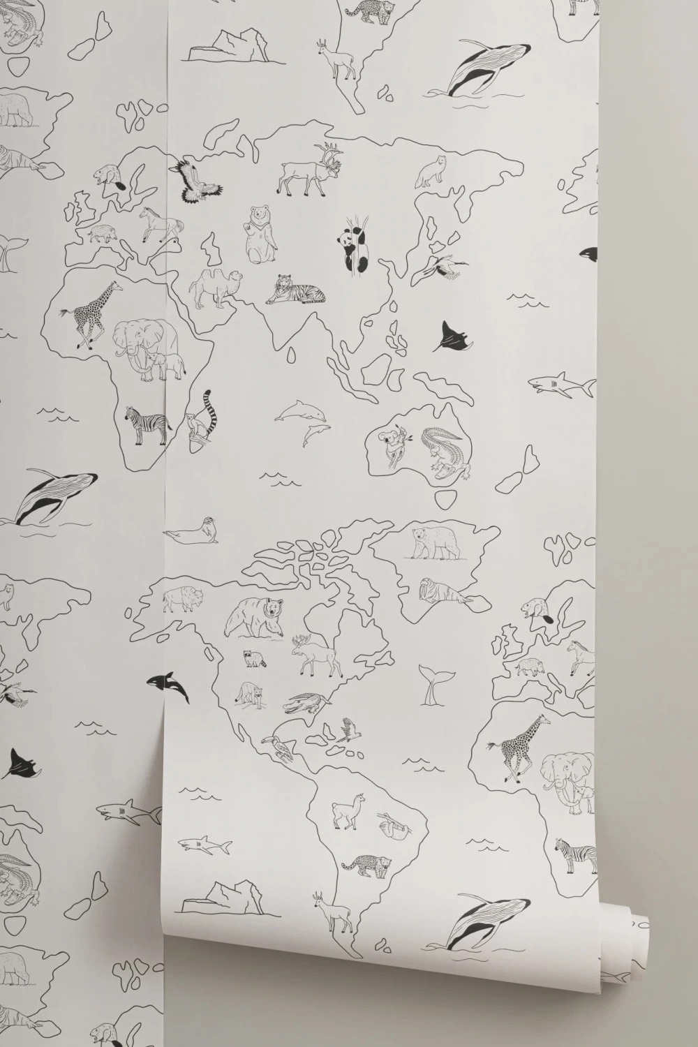 Papel Pintado Beige con Patrón de Mapamundi con Animales