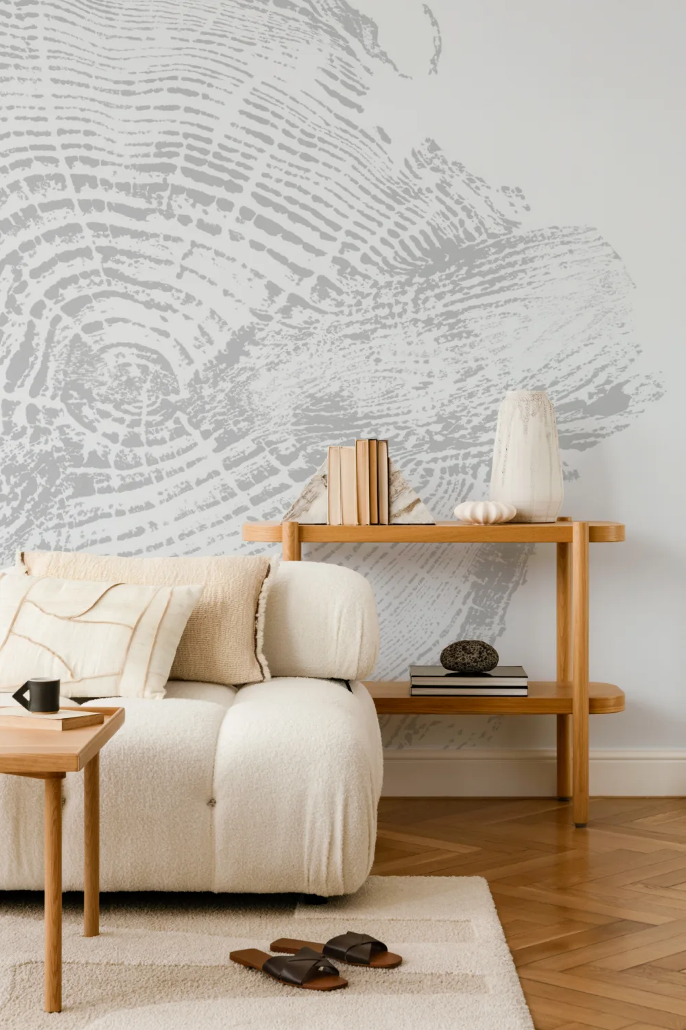 Mural Papel Pintado de Madera con Tocón de Árbol en Gris Claro