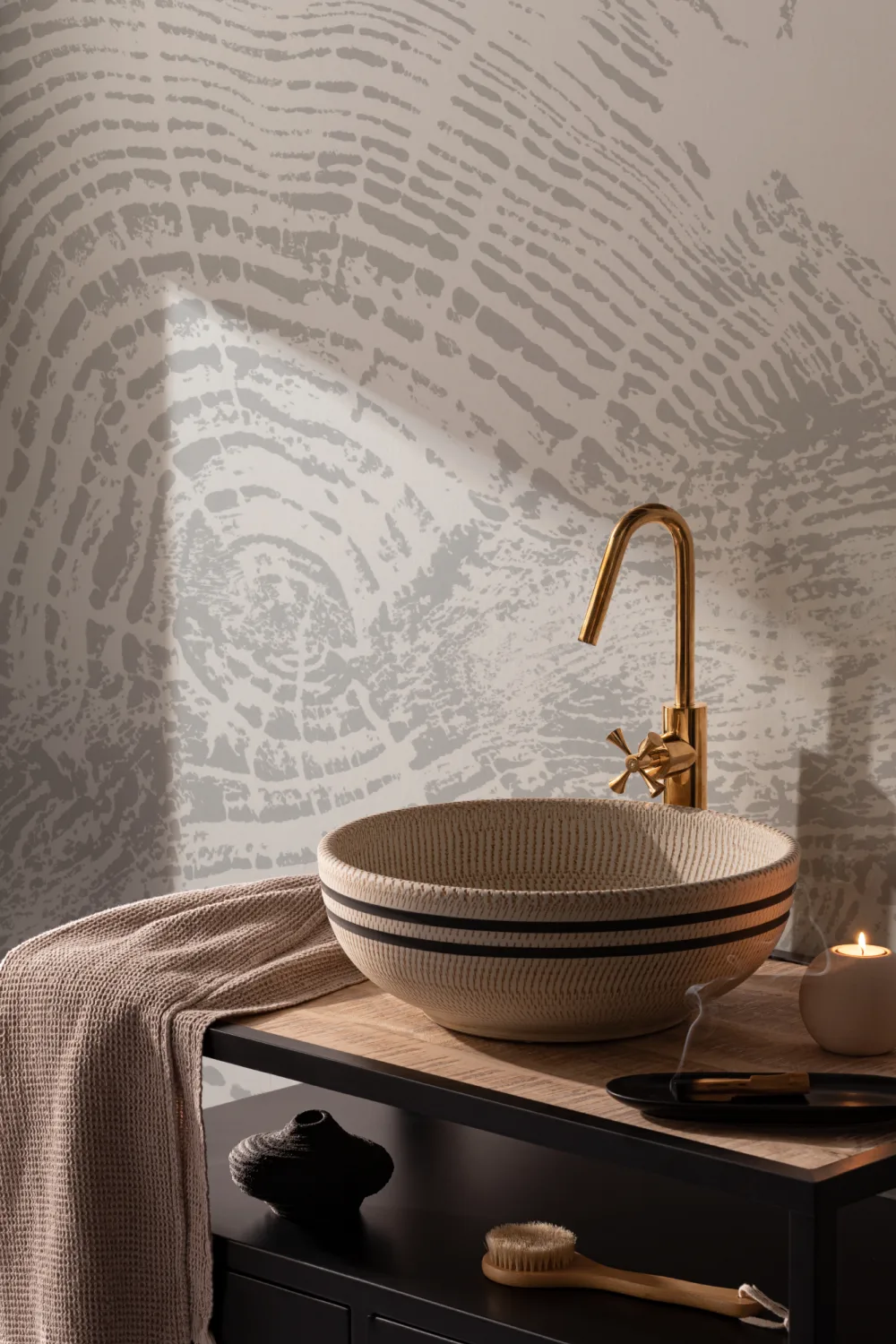 Mural Papel Pintado de Madera con Tocón de Árbol en Gris Claro
