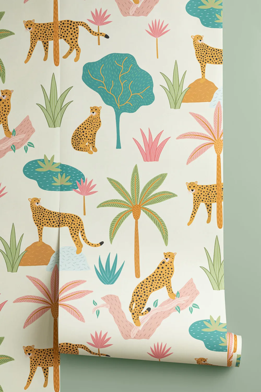 Colourful Tropical Cheetah Big Cat Repeat Pattern Wallpaper