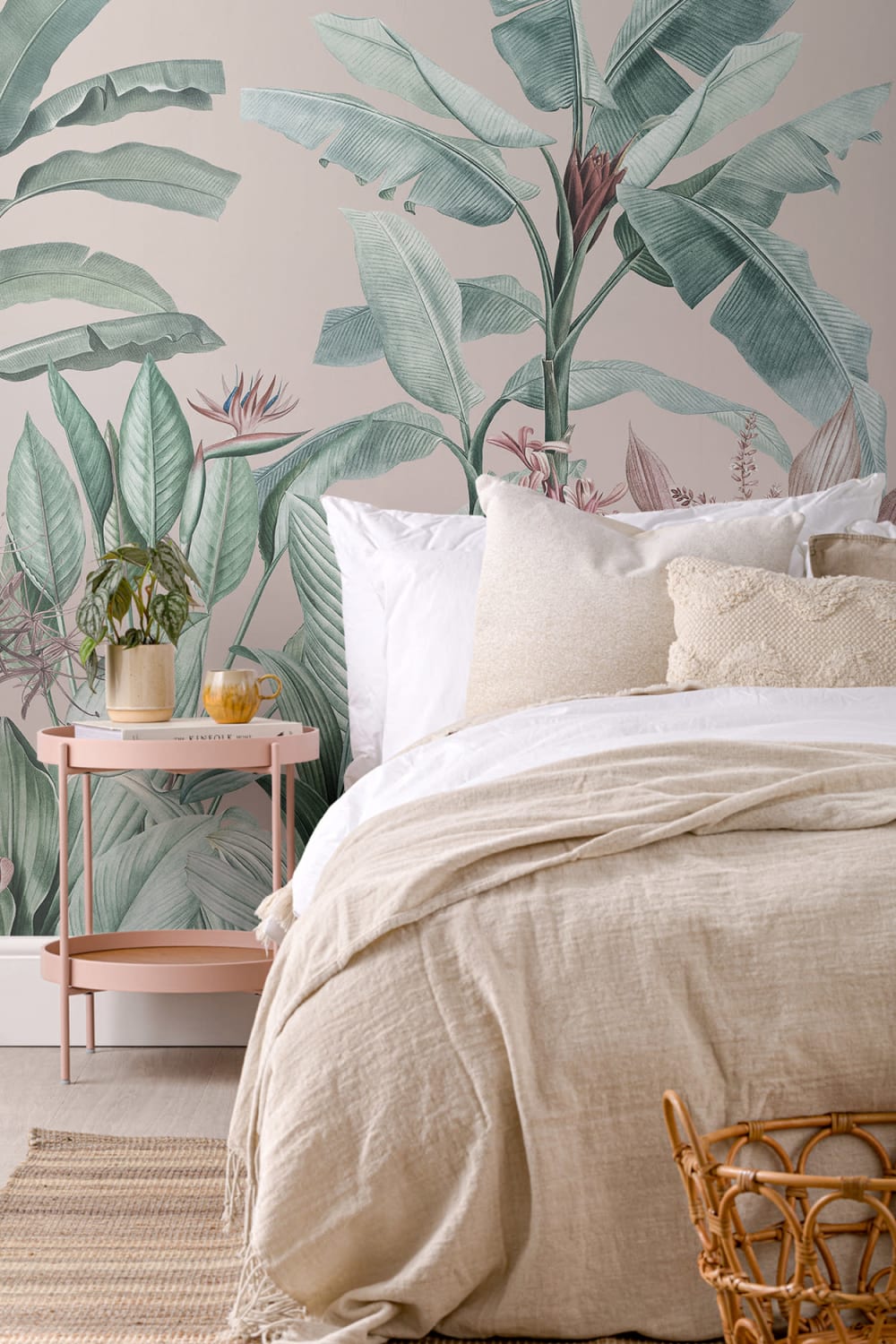 Pastel Pink & Green Vintage Tropical Wallpaper Mural
