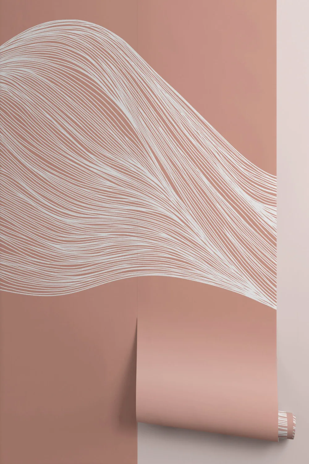 White & Terracotta Wavy Line Abstract Wallpaper Mural
