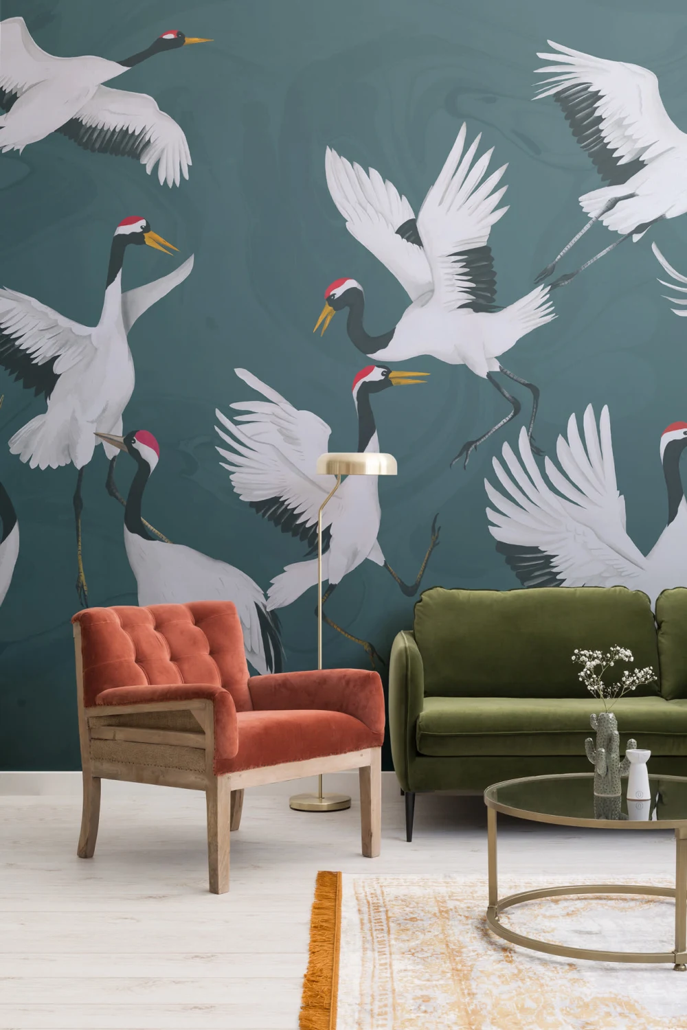 Flying Japanese Cranes Teal Painted Wallpaper Mural