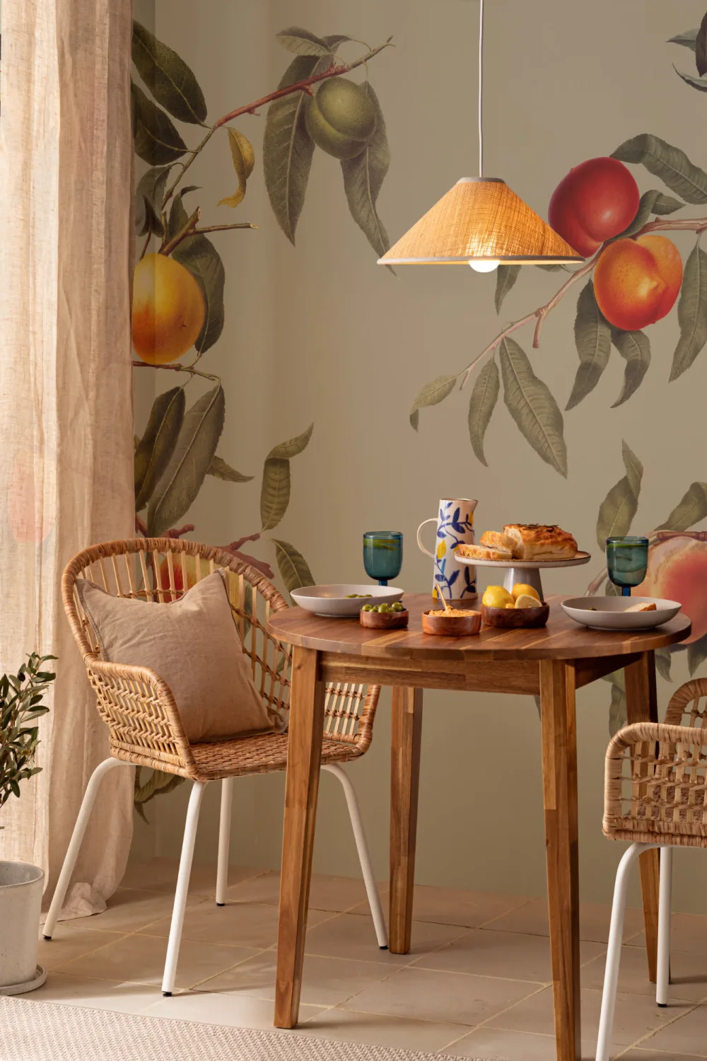 Vintage Green Botanical Peach Tree Wallpaper Mural