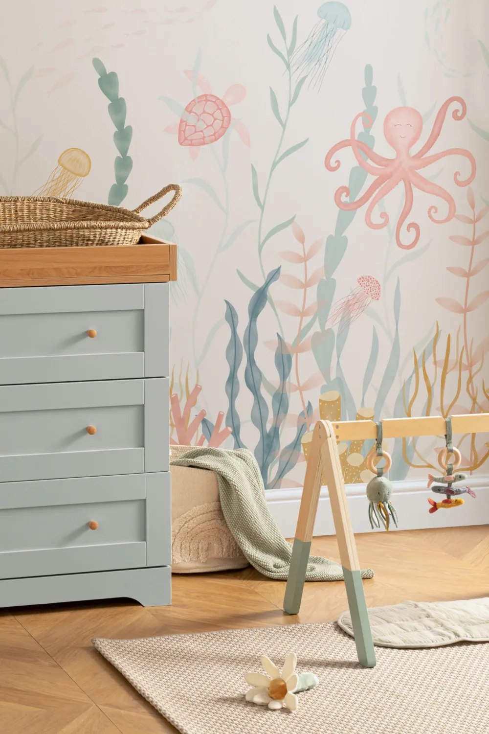 Painted Underwater Sea Life Scene Pastel Watercolor Wallpaper Mural