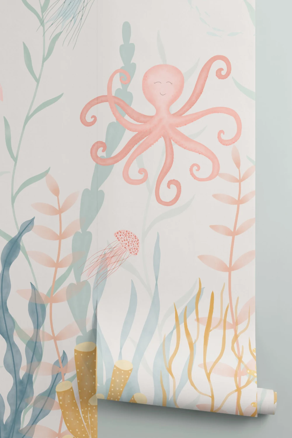 Painted Underwater Sea Life Scene Pastel Watercolor Wallpaper Mural
