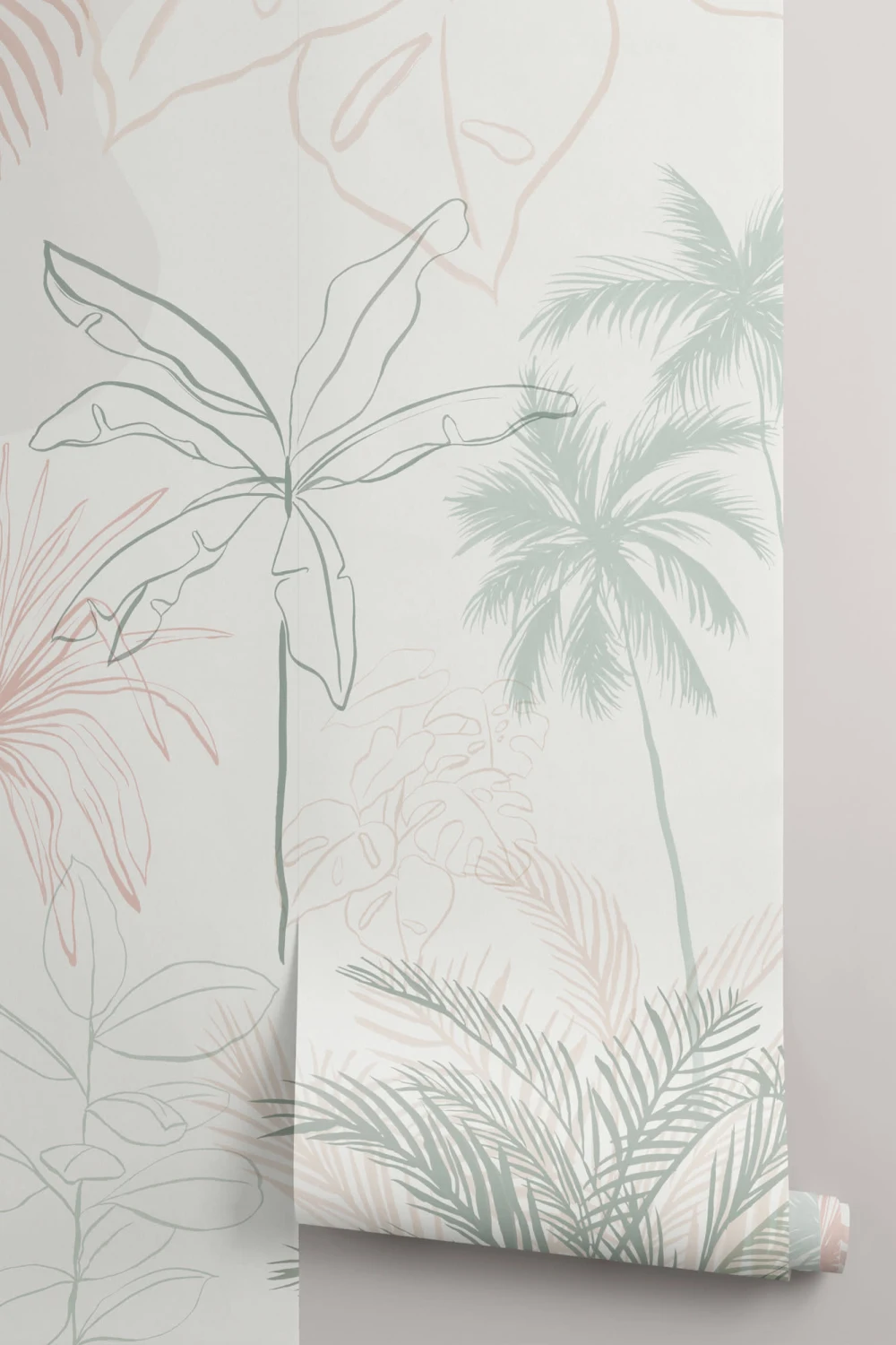 Minimalist Pink & Green Inky Tropical Wallpaper Mural