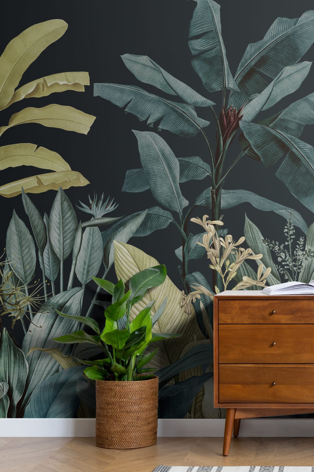 Carta da Parati Foglie Tropicali in Blu e Verde Scuro