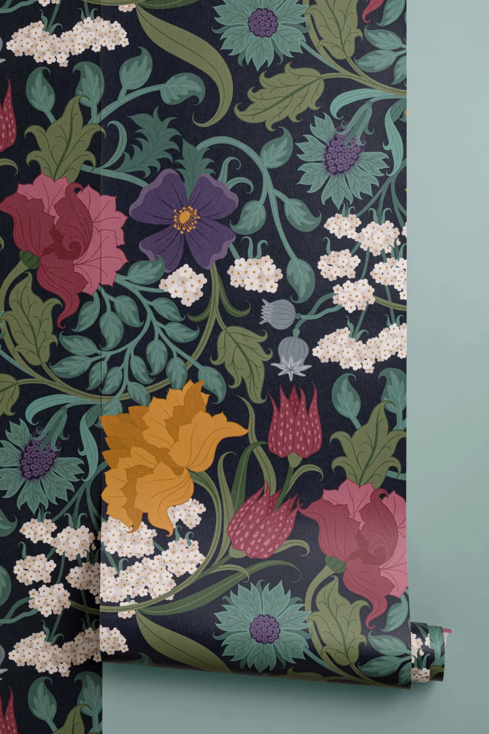 Vintage Colourful Dark Floral Repeat Pattern Wallpaper