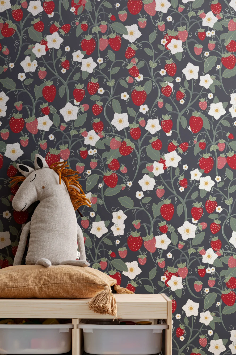 Cute Navy Strawberry and Flowers Kids Repeat Pattern Wallpaper