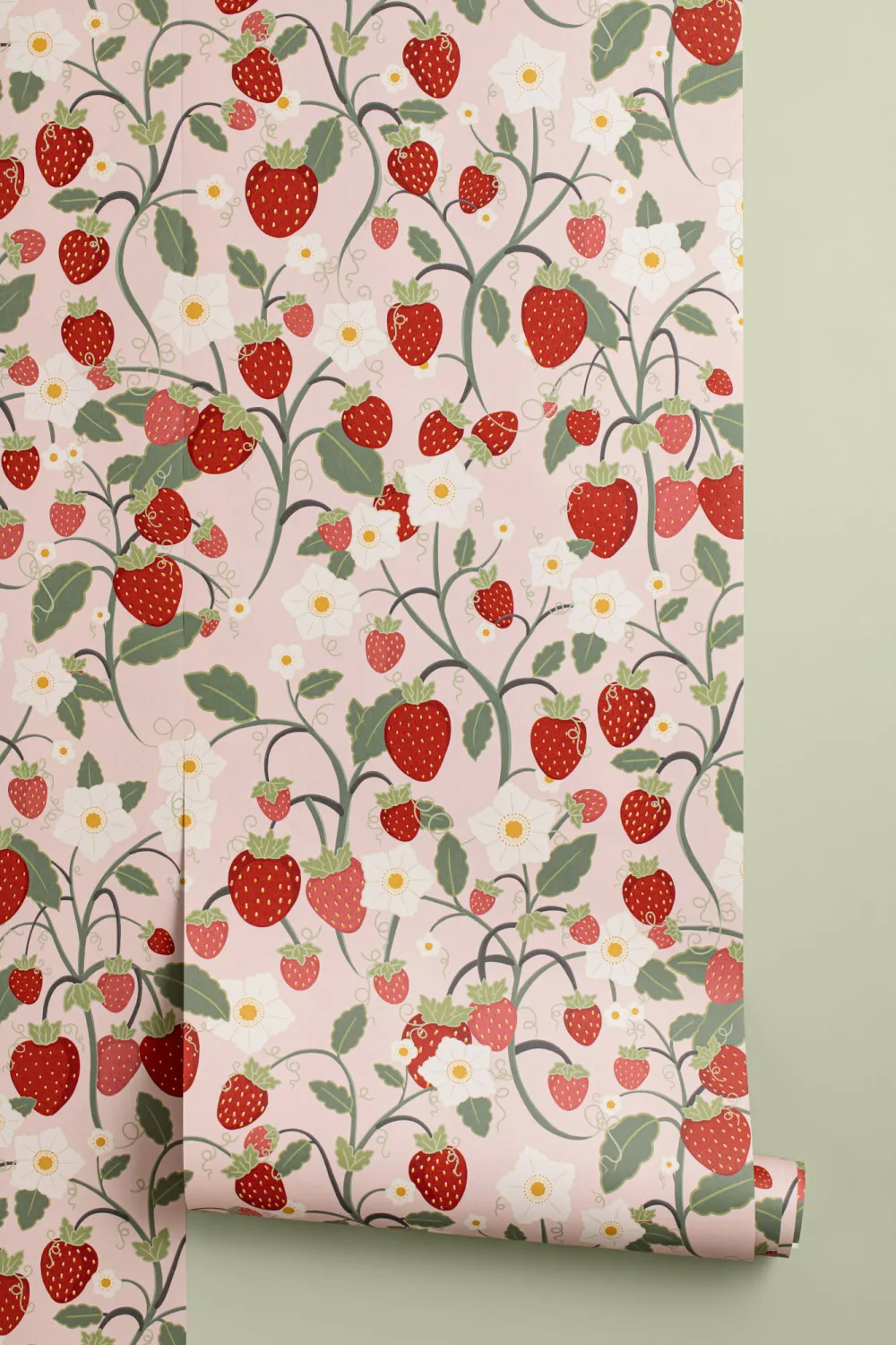 Cute Pink Strawberry and Flowers Kids Repeat Pattern Wallpaper