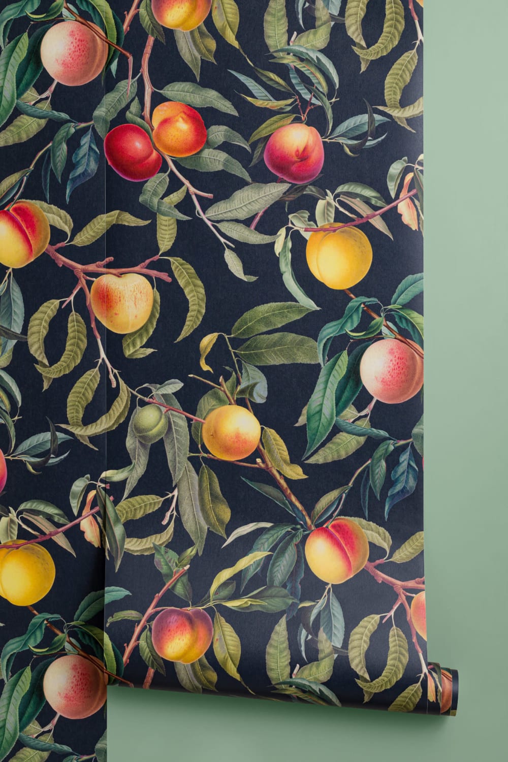 Dark Green and Navy Vintage Botanical Fruit Repeat Pattern Wallpaper
