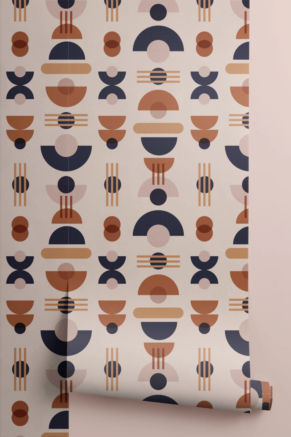 Papel Pintado Crema y Azul Marino con Motivos Geométricos al Estilo Mid Century Modern