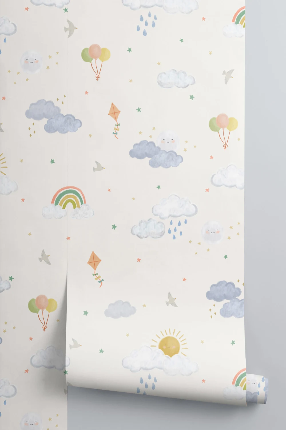 Hand Drawn Sun, Clouds & Rainbow Print Wallpaper