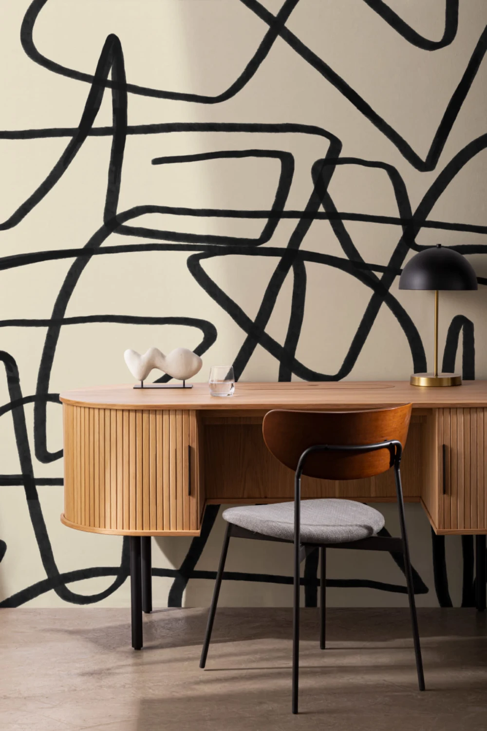 Bold Black & Beige Doodle Abstract Wallpaper Mural
