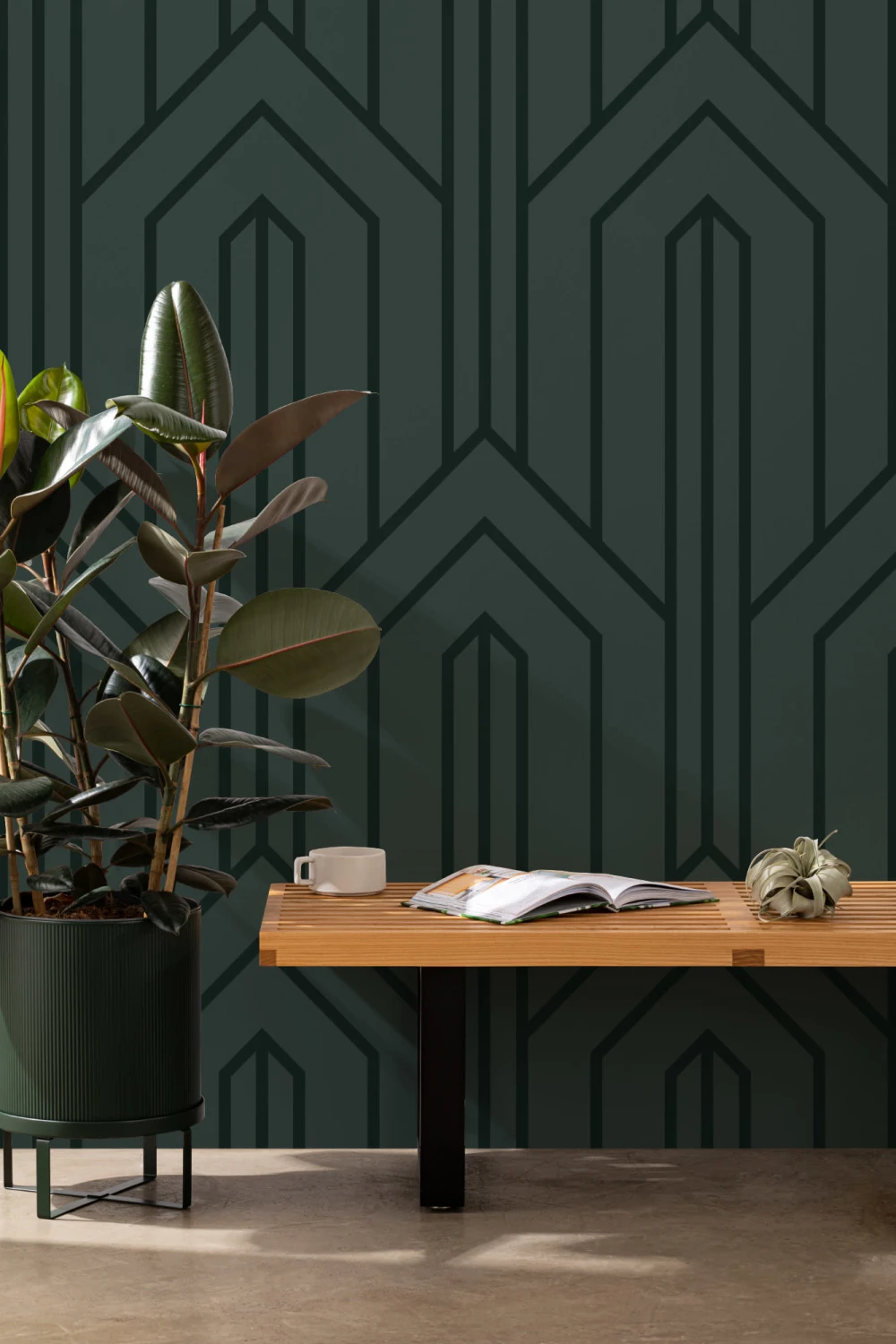 Mørkegrønn geometrisk linje Art Deco-fototapet