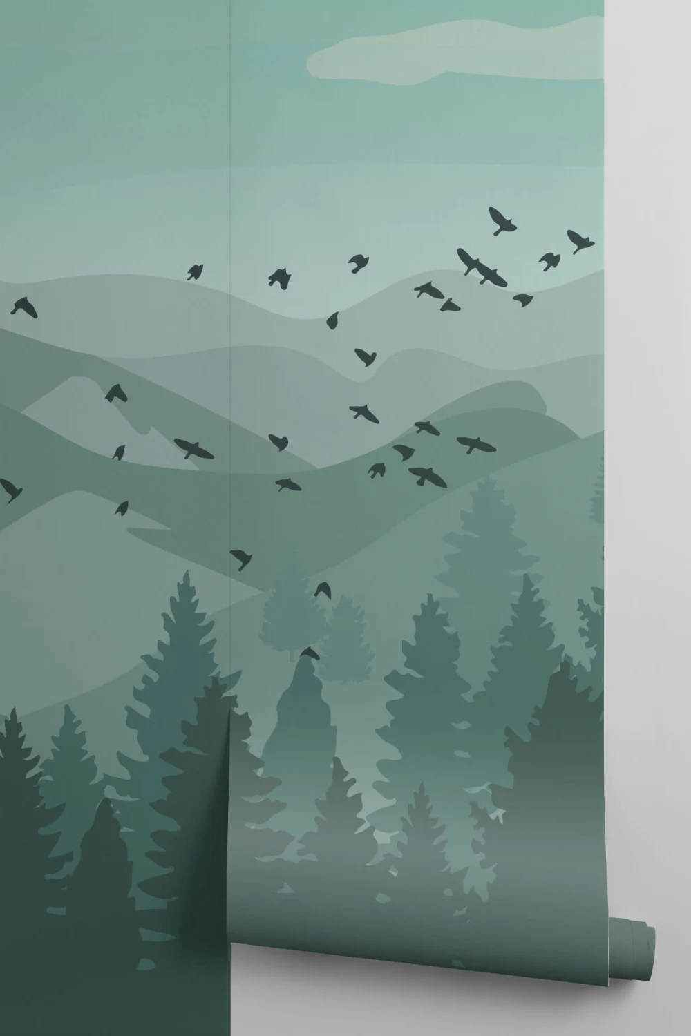 Papier Peint Panoramique Paysage Vert Illustré